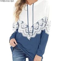 wireless age sweater women long sleeve hooded collar lace color stitching loose casual womens tops spring autumn fashion wild