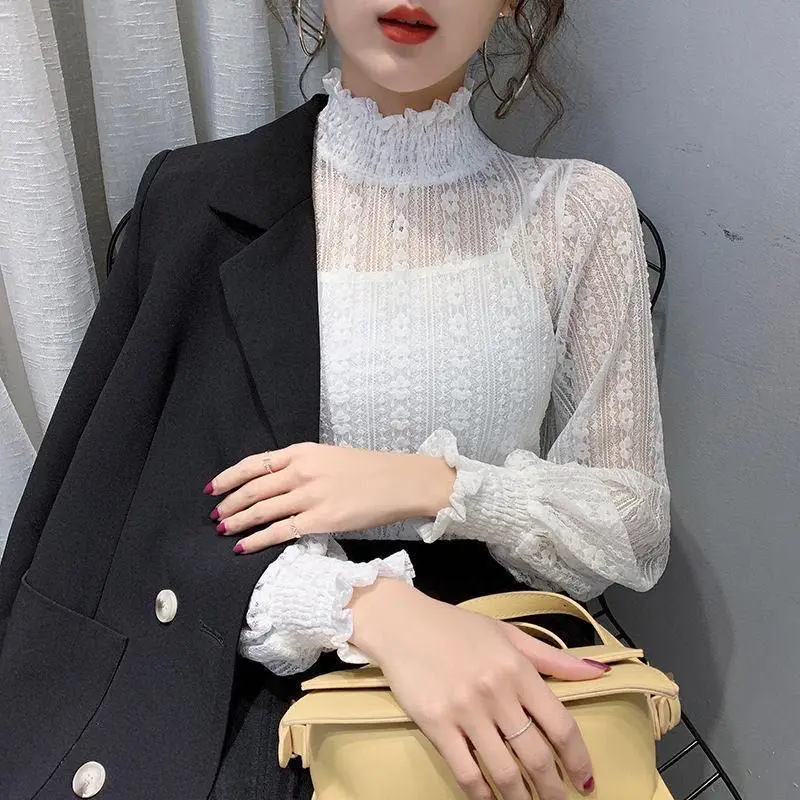 Женская кружевная блузка элегантная прозрачная с воротником-стойкой весна-осень