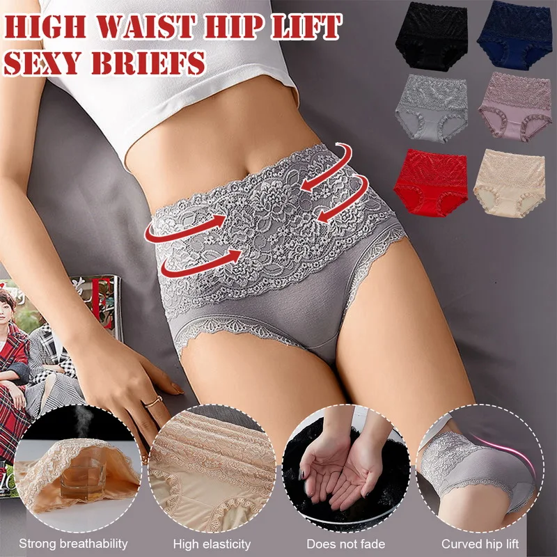 

Женские кружевные трусики с завышенной талией, бесшовные трусики для похудения и контроля живота, сексуальное женское белье, хлопковые тру...