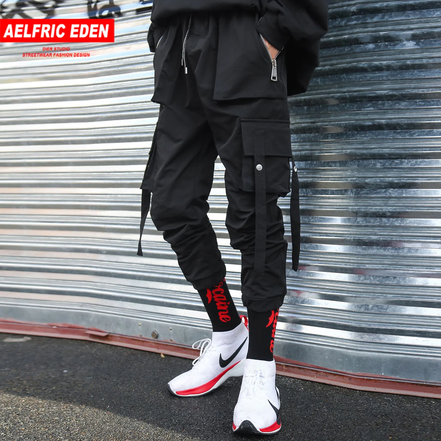Aelfric Eden, лоскутные брюки-карго с несколькими карманами, Harajuku, спортивные штаны с лентами,, хип-хоп стиль, Повседневная Уличная одежда, мужские штаны для бега