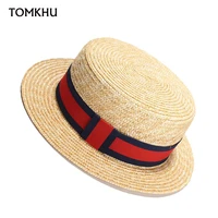 new natural wheat straw boater fedora top flat hat women men summer beach flat brim cap bowknot ribbon for holiday party cape