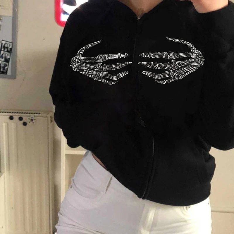 

Hirigin Women Korean Fashion Streetwear Rhinestone Goth Black Jackets Hoodies Zip Up Long Sleeve Autumn Winter Sweatshirts