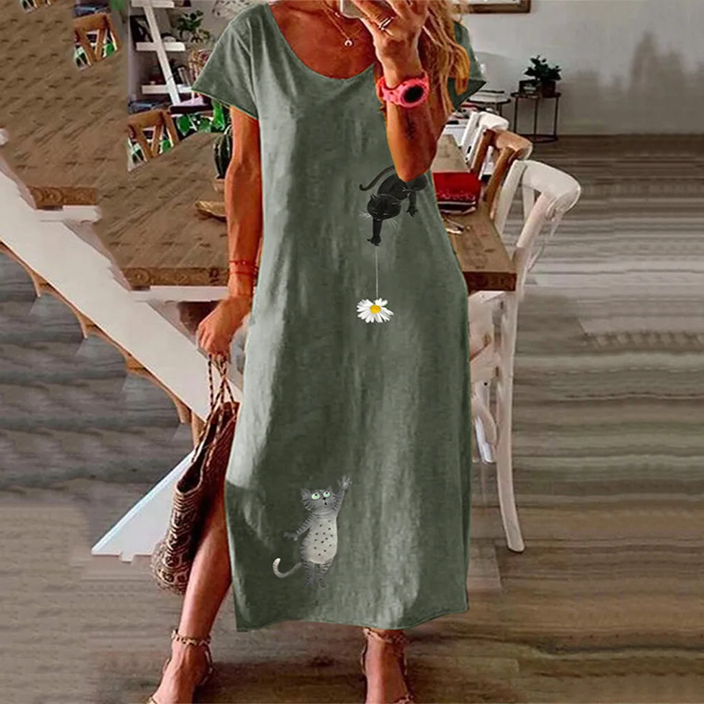 Женское платье с О образным вырезом рисунком кота из хлопка и льна короткими