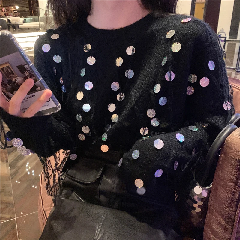 Fashion Knitting Sequins Women Mohair Sweater Tops 2019 Newest Autumn Womans Runway Pullovers Tassel Loose Short Sweaters | Женская