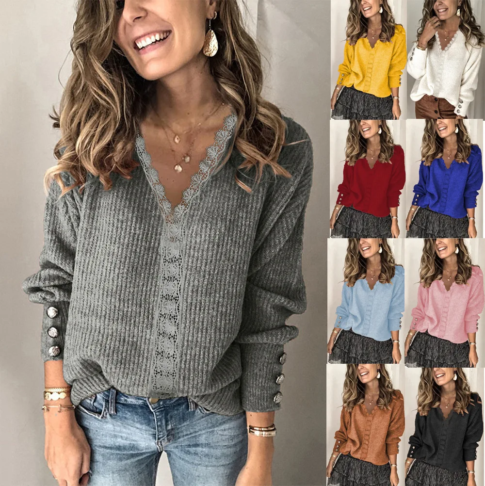 

Women's Spring Autumn Lace Button V-Neck Sweaters Long Sleeve Fashion Ladies Casual Streetwear Cardigan Tpp