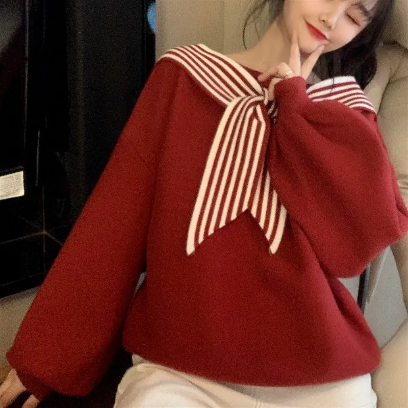

Kimutomo Sweet Woman Sweaters Autumn Winter Korea Chic 2020 Female Loose O-neck Patchwork Long Sleeve Pullover Fashion