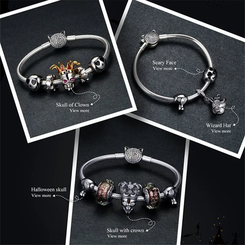 Fit Pandora браслет стерлингового серебра 925 волшебник на Хэллоуин бусины в виде скелета S925 Циркон Шляпа Череп Подвески для DIY ювелирных изделий