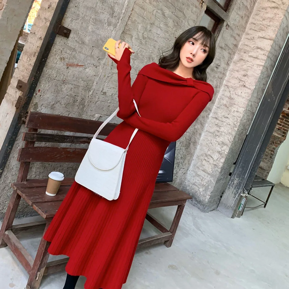

Knit One Piece Dress Korean 2021 Spring Long Sleeve Slim Sweater Dress Women Casual Elegant Office Female Sexy Winter Knit Dress