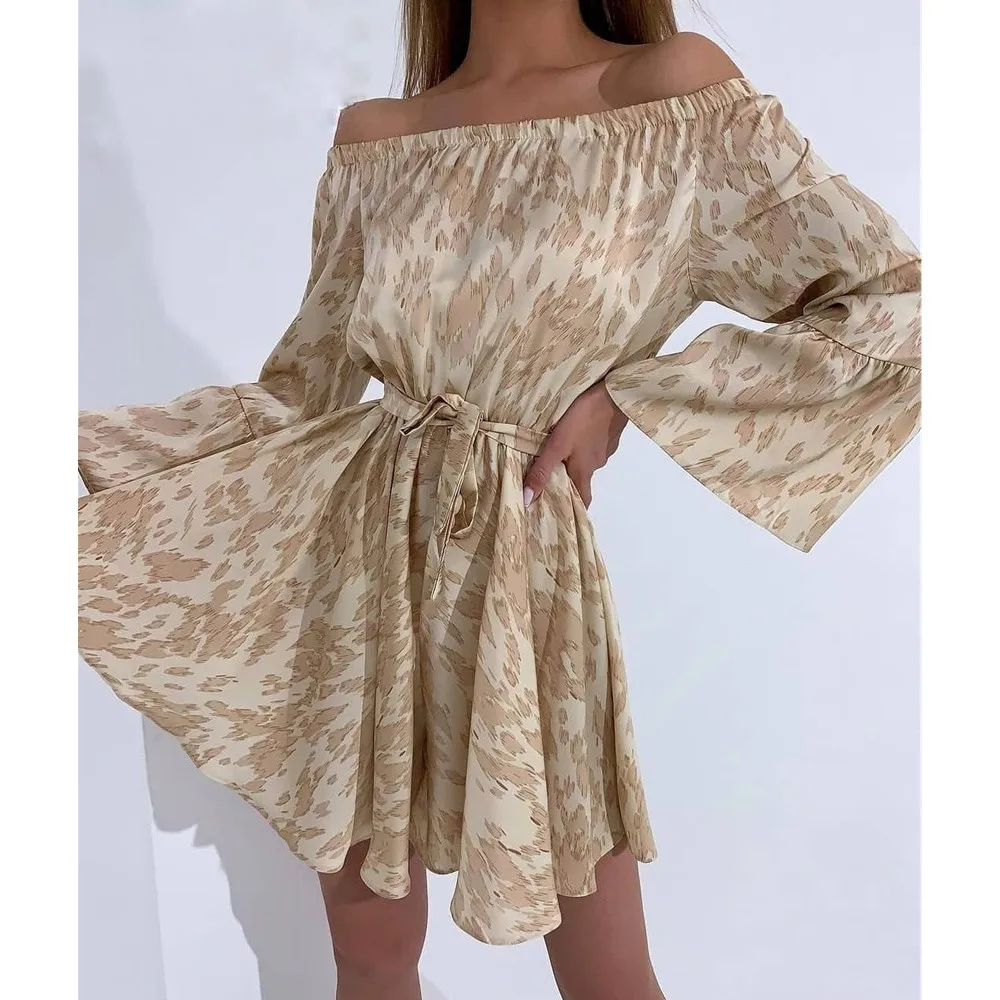 

Fashion Lace-Up Pullover Dresses For Women 2021 Summer Stitching Lotus Leaf Sleeve Off-The-Shoulder Printed Dress Femme Robe