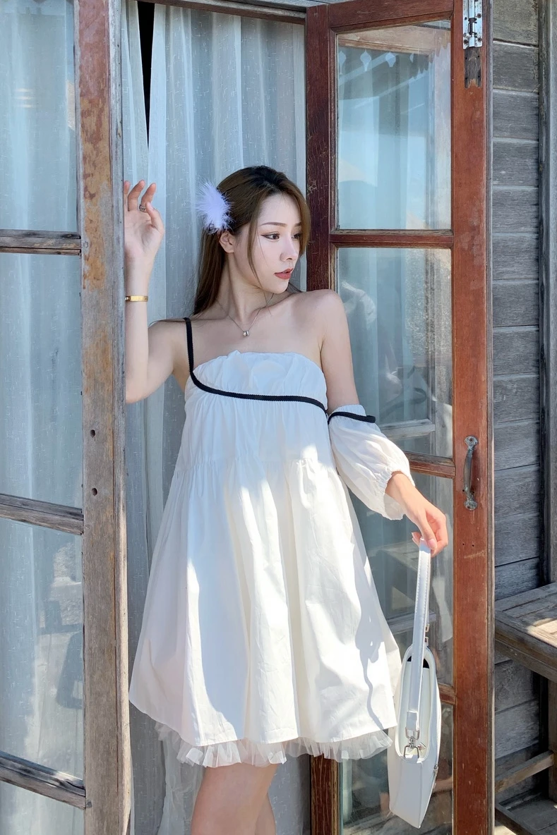 

COIGARSAM Women Beach Dress Summer 2021 New Sexy Loose Solid Slash Neck Spaghetti Strap High Waist White Dresses Traf Robe