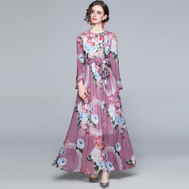 

2021 Fashion Runway Designer Spring Summer Chiffon Maxi Dress Women's Long Sleeve Floral Print Holiday Boho Long Dress Vestidos