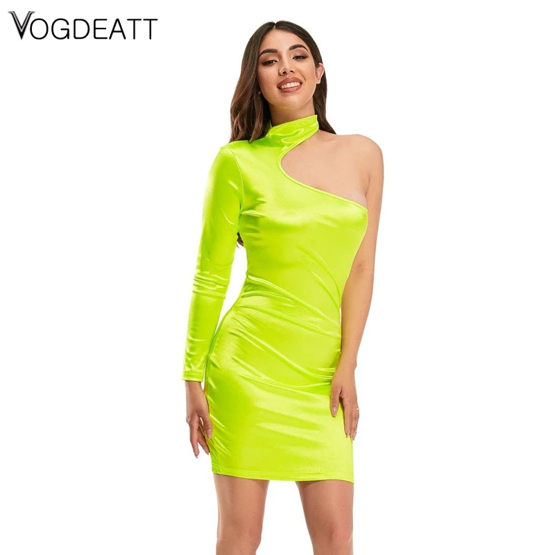 

Hollow Out Skinny Mini Dress 2020 New Fashion Long Sleeve O Neck One Shoulder Lady Solid Color Dress Party Club Wear
