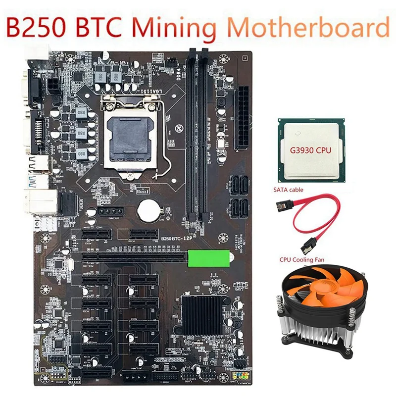 Материнская плата B250 BTC для майнинга LGA 1151 с процессором G3930 + охлаждающий