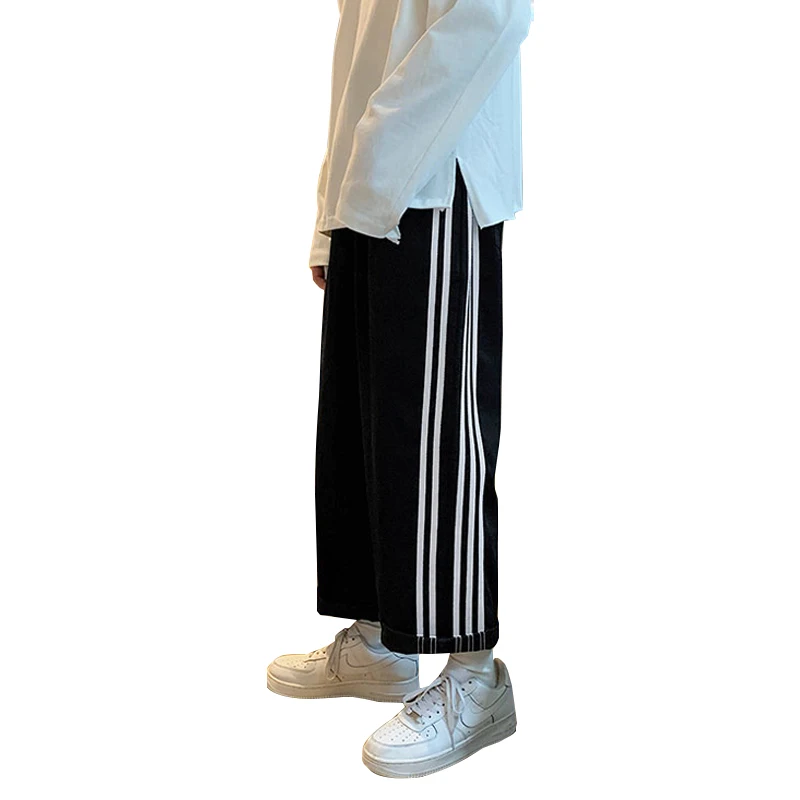 

Fashion Hip Hop Wide Leg Pants Men Clothing Korean Striped Casual Straight Leg Pants Loose Sports Pants Clothes
