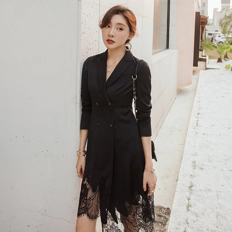 YIGELILA Новое поступление черное платье с отложным воротником однотонное