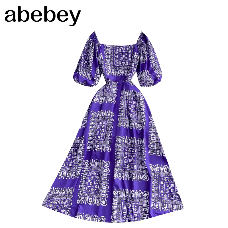 

Women Retro Print Dress Square Collar Puff Sleeve Casual A-line Dress Summer Elastic Ruched Streetwear Midi Long Dress
