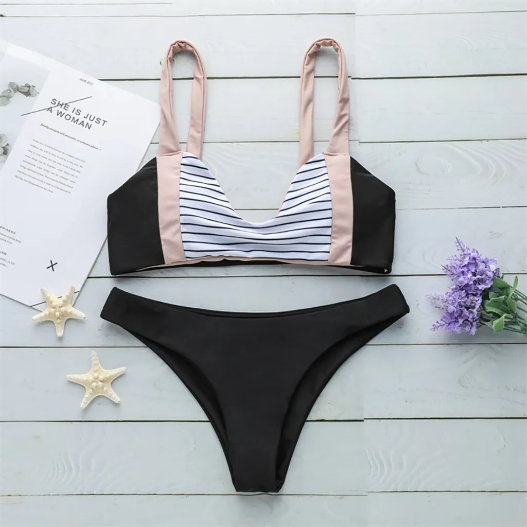 Sling Backless Women's Swimming Suit Splice Striped Print Two Piece Swimsuit Pushups Swimwear Beachwear Aesthetic style |