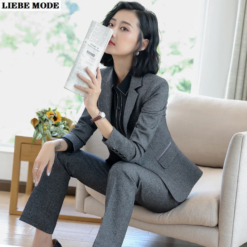 

Women's Sets Blazers Office Elegant Ladies Workwear Outfit Female Pocket Jacket with Pants Grey Two Piece Trousers Suit Female