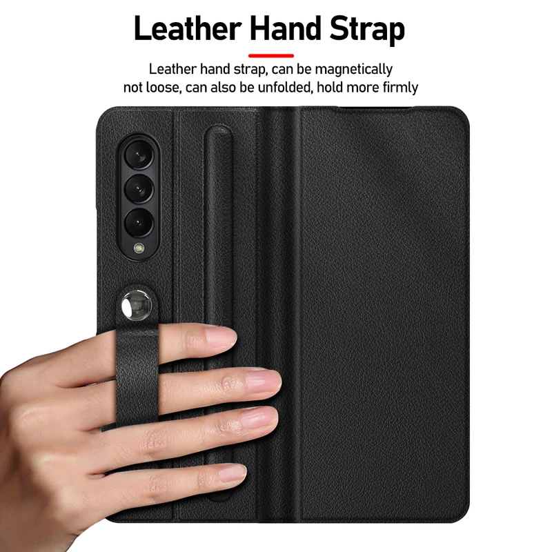 lychee pattern leather for samsung galaxy z fold 3 5g case with s pen holder hand grip strap flip magnetic spen slot cover free global shipping