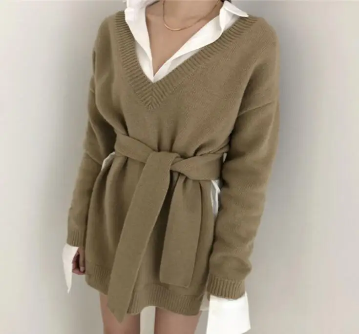 

New 2020 Winter Woman Sweaters V Neck Irregular Knit Sweater With Belt Two Kind Wear Minimalist Women Pullovers Tops