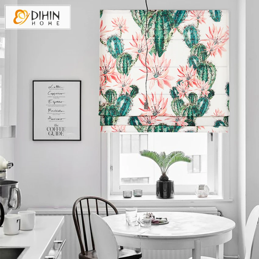 

Pastoral Green Cactus Printed Custom Roman Blinds For Living Room Flat Roman Shades Free Shipping