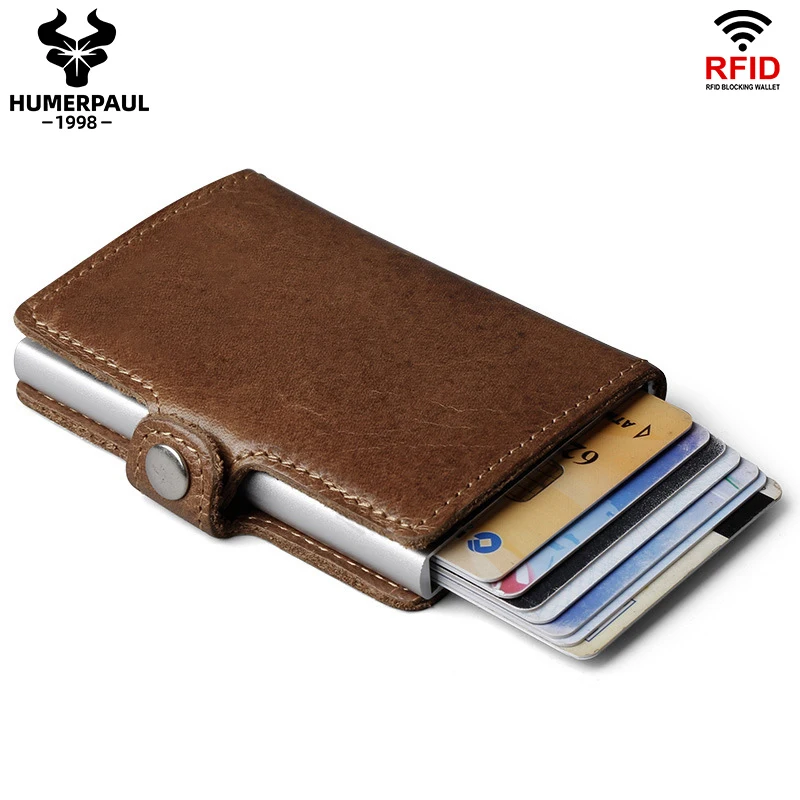 

2022 Hot Genuine Leather Credit Card Holder Wallet Men Metal RFID Blocking Vintage Aluminium Bussiness Bank Cardholder Case New