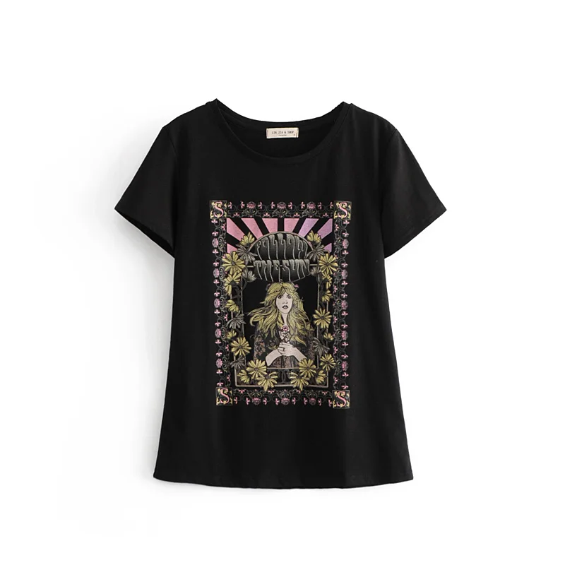 Женский топ с круглым вырезом Boho hippie хлопковая Футболка принтом розы женская