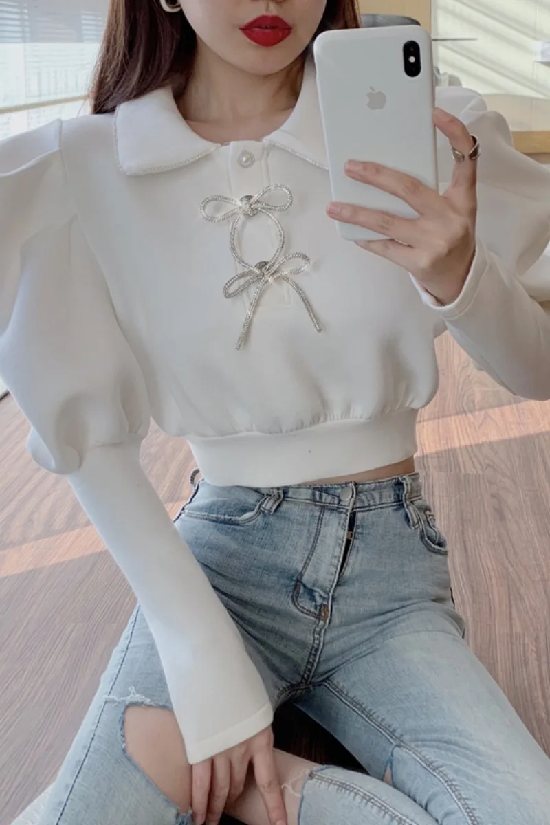 

2021 Autumn and Winter New Bow Puff Sleeve Top Women's Clothing Waist-Controlled Long Sleeves Short Sweatshirts Hoodie