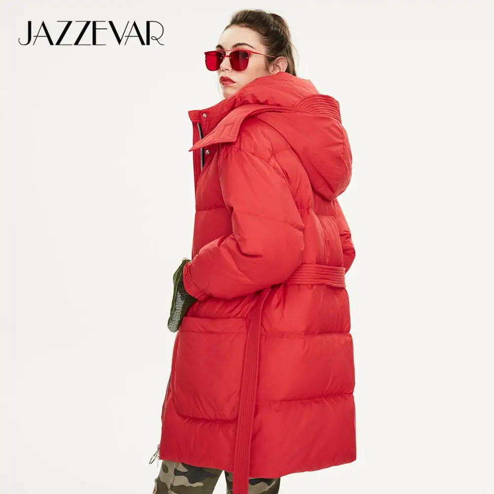 JAZZEVAR Зима Новое поступление женский пуховик топ красного цвета с поясом модный стиль зимний короткий пуховик для женщин K9043