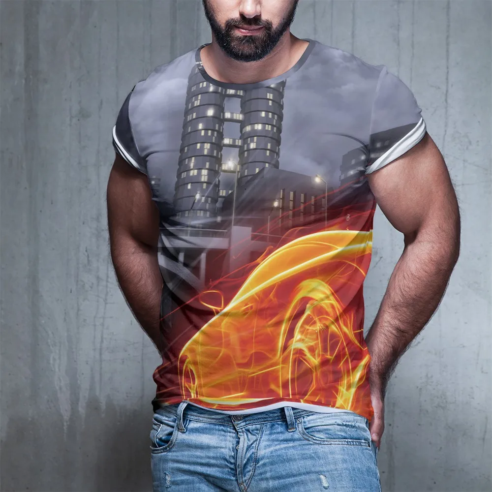 Мужская футболка с коротким рукавом круглым вырезом и 3D принтом пламени|Мужские