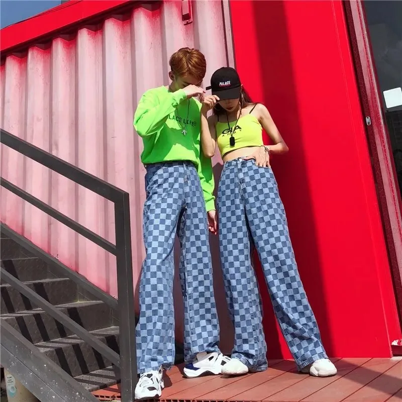 

SHENGPAL 2021 New Autumn Winter Loose Big Size Trousers High Waist Personality Plaid Printing Women Wide Leg Pants FU055