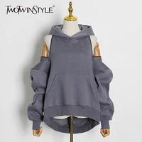 twotwinstyle casual solid sweatshirt for women hooded collar long sleeve hollow out minimalist sweatshirts female fashion fall