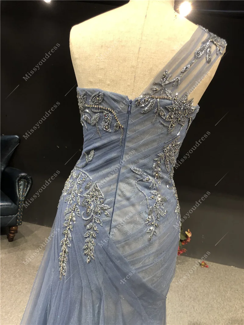 2021 Real Sample Luxurious Blue Pleat Beads Sleeveless Side Split Floor Length Formal Prom Party Dancing Bridal Evening Dress