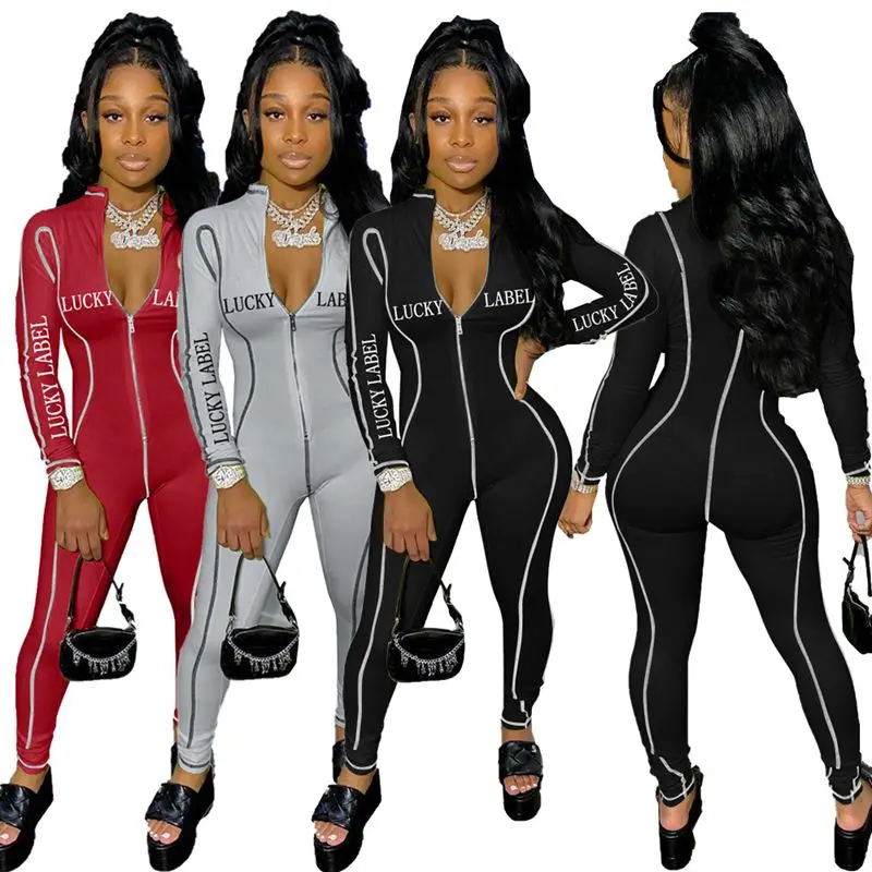 

Spring Sexy Bodycon Rompers Letter Printed Zip Long Sleeve Womens Jumpsuit One Piece Outfit Club Outfits Lounge Wear Streetwear
