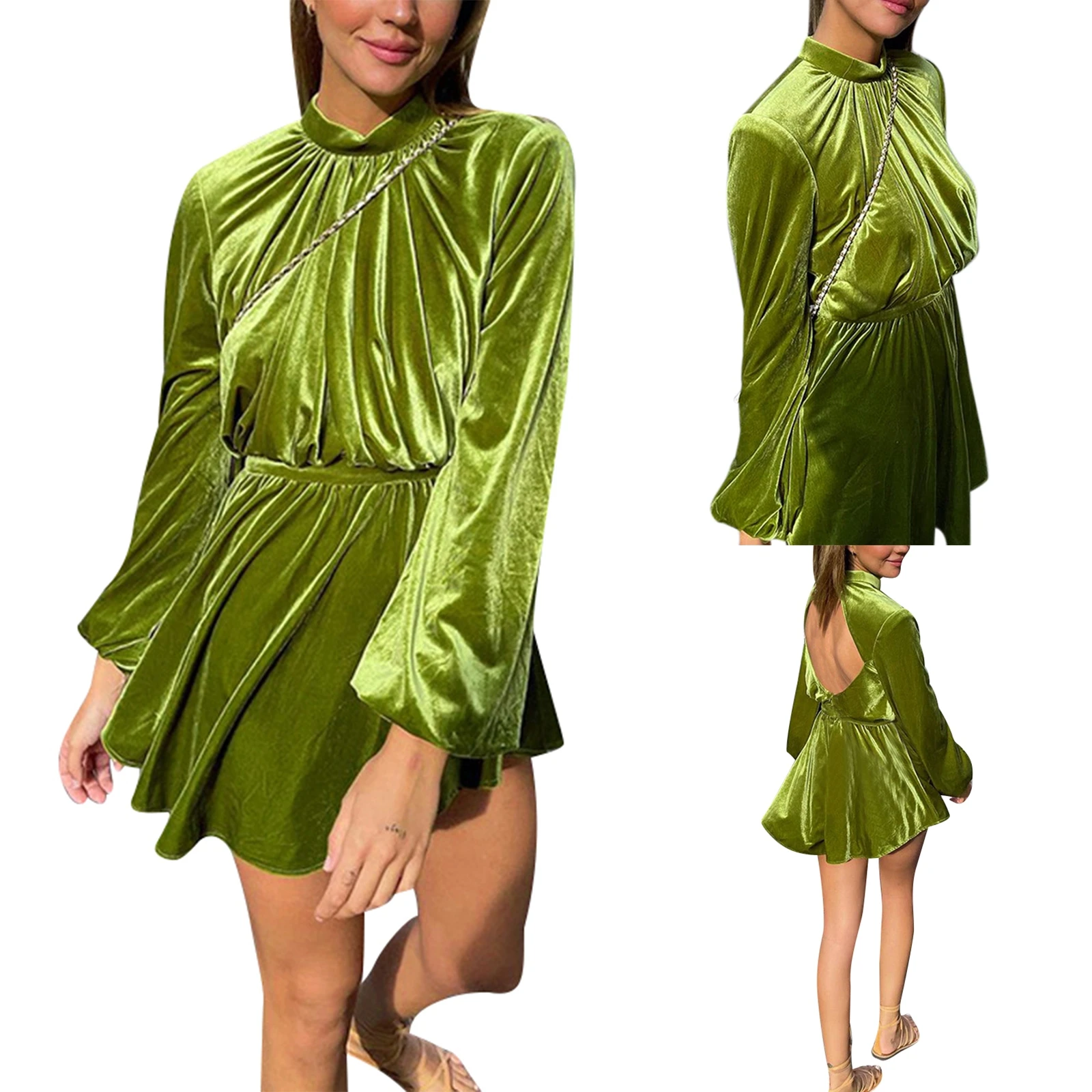 

hirigin New Women Autumn Creative Backless Dress Plush Pure Color Adults Sexy Ruched Long Sleeve Round Neck Loose Short Dress