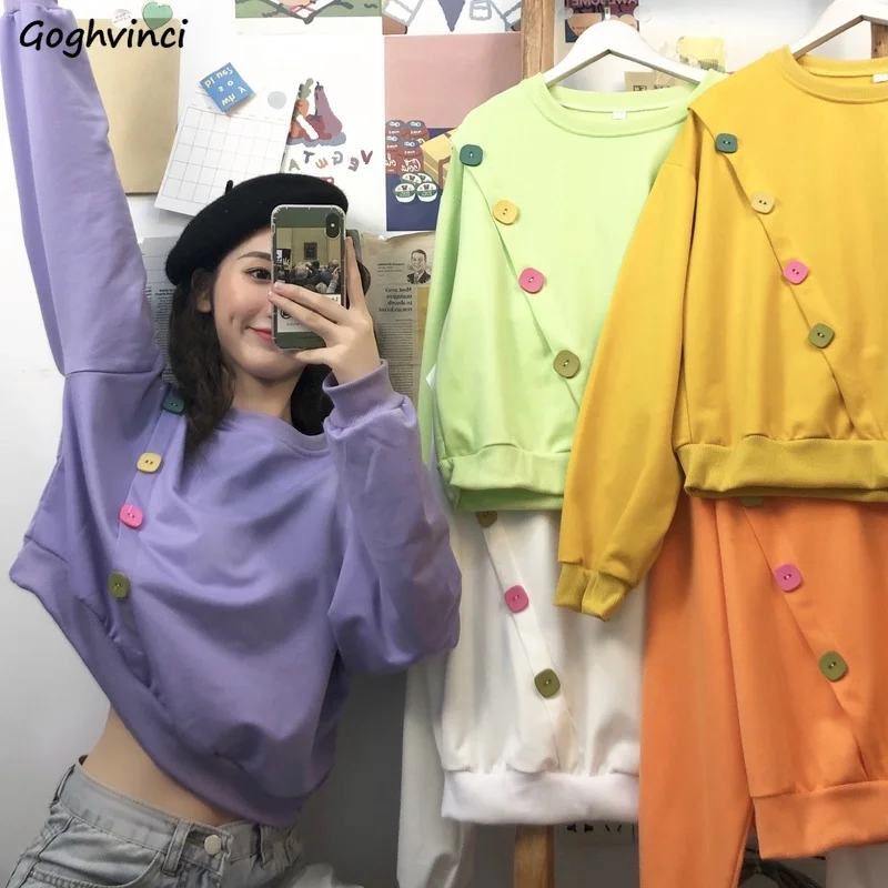 

Женская толстовка без капюшона, пуловер, свитшот, женские укороченные топы на пуговицах, тонкие красочные милые девушки Ulzzang, свободная модн...