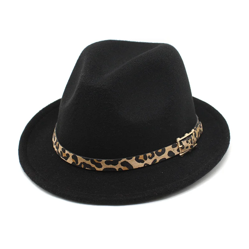 

Winter new Hats Men Feminino Hats With Belt Vintage Church For Women Elegant Trilby Cap Wool Warm Top Jazz Hat Black Curl Brim