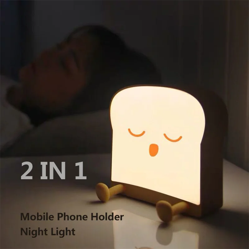 

Creative Gift Toast Night Light for Kids Room 2 in 1 Mobile Phone Holder Led Lamp USB Charging Night Lamp for Bedroom Decoration