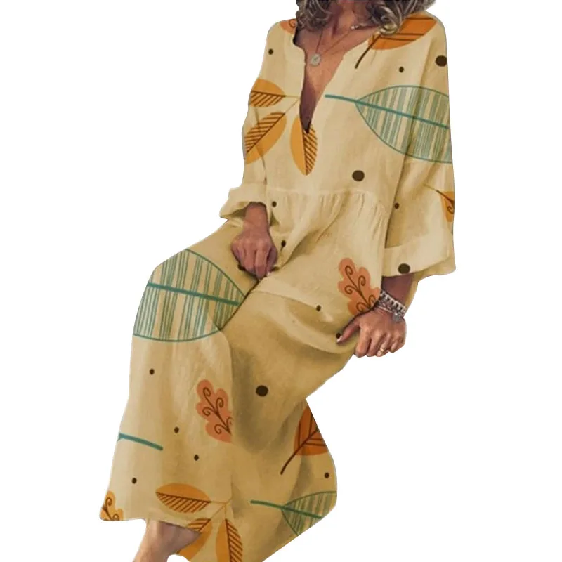 

2021 Long Sleeve Maxi Dress Women Vintage Dress Plus Size Women V Neck Casual Vestido Feminino Print Robe Femme Beach Sundress