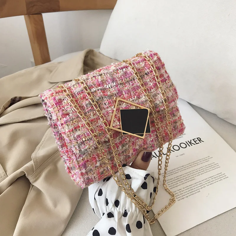 

Fashion Stitching Striped Metal Plate Decoration Women's Handbags Popula Trend One-shoulder Messenger Chain Small Square Bag