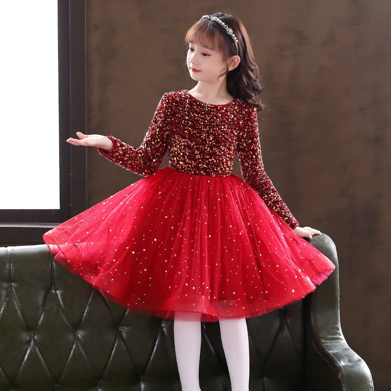 

2022 Cute Evening Ball Gowns for Kids Girls Children's Long Sleeve Lace Flower Girl Dresses Teenage Sequins Clothes 12 To 14