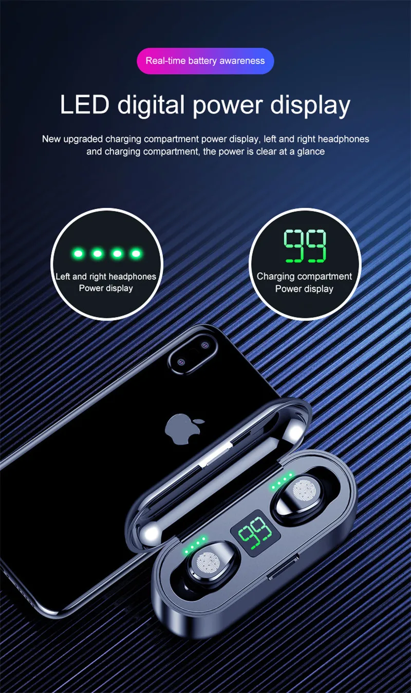 F9 TWS, беспроводные наушники, Bluetooth V5.0, спортивные наушники, светодиодный дисплей, 2000 мАч, внешний аккумулятор, микрофон
