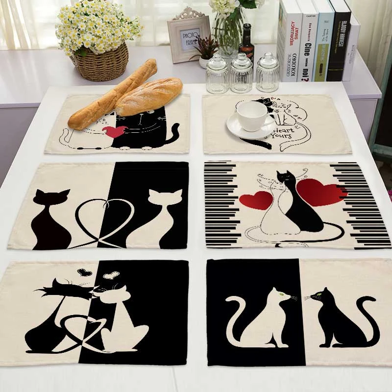 Bkack White Cat Pattern Cotton Linen Pad Dining Table Mats Coaster Bowl Cup Mat Pattern Kitchen Placemat Home Decor ML0016