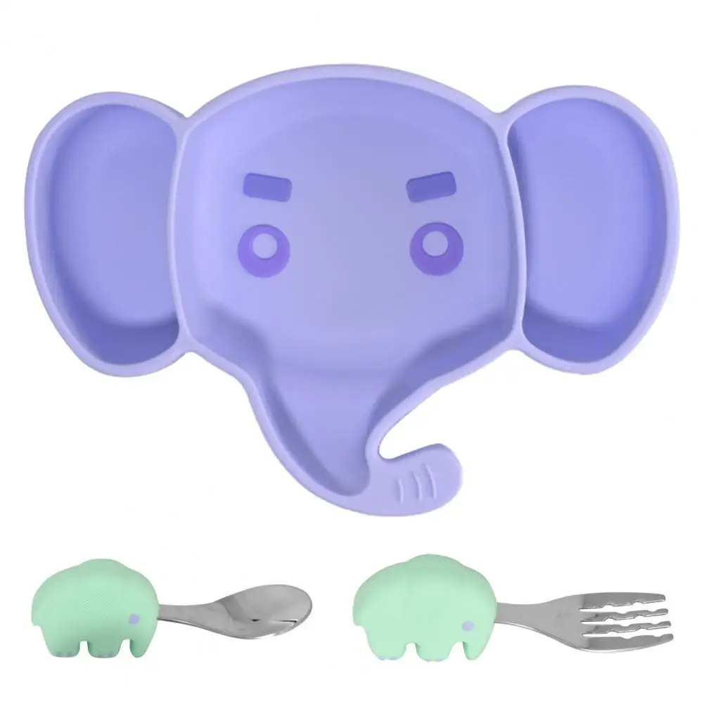 

3Pcs/Set Baby Toddler Tableware Cartoon Elephant Division Design Silicone Children Plate Spoon Fork Set Solid Feeding Dishes