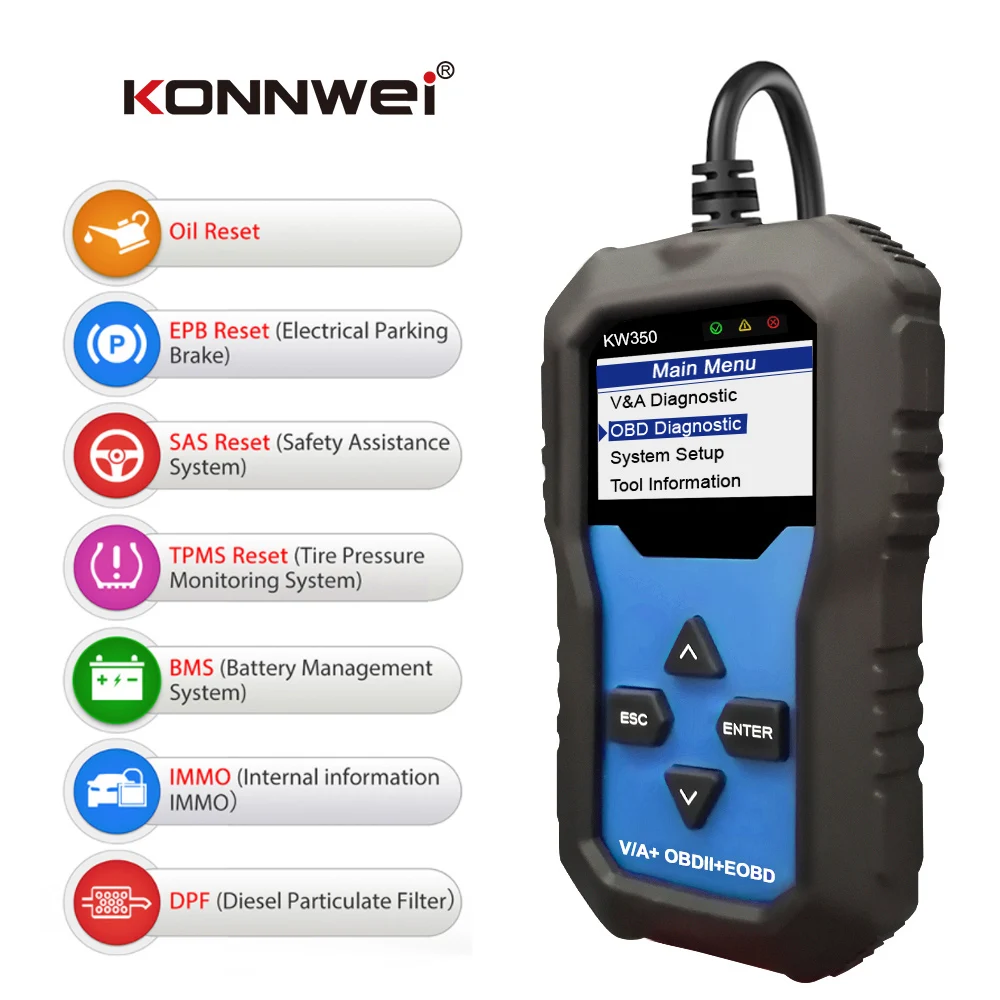 

Инструмент KONNWEI KW350 для автомобилей VAG OBD2, инструмент для полной диагностики системы, инструмент для сброса подушки безопасности ABS, индисвет...