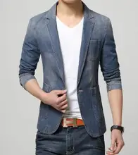 Blazer de estilo británico para hombre, Chaqueta de traje de corte entallado informal, Blazer de mezclilla para otoño, trajes de talla grande (2)