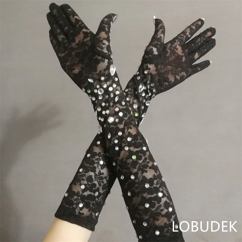 

Black Color Mesh Stretch Rhinestones Gloves Crystals Stones Long Mittens Ladies Singer Dancer Show Performance Stage Accessories