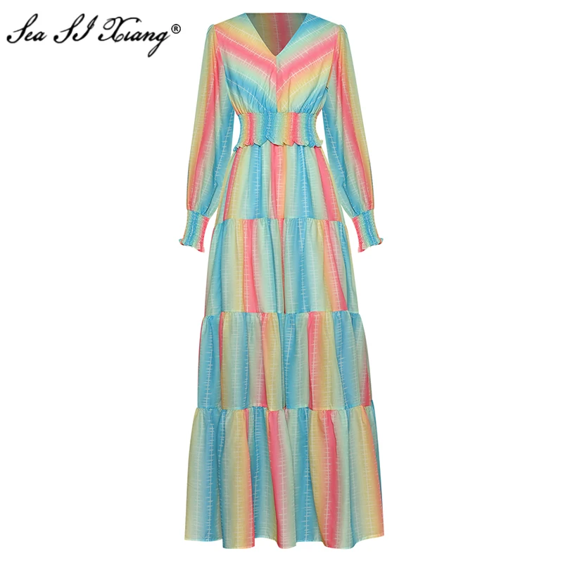 

Seasixiang Fashion Designer Summer Suit Women's V-neck Long sleeve Short Tops + Long skirt Color Print Two-piece set