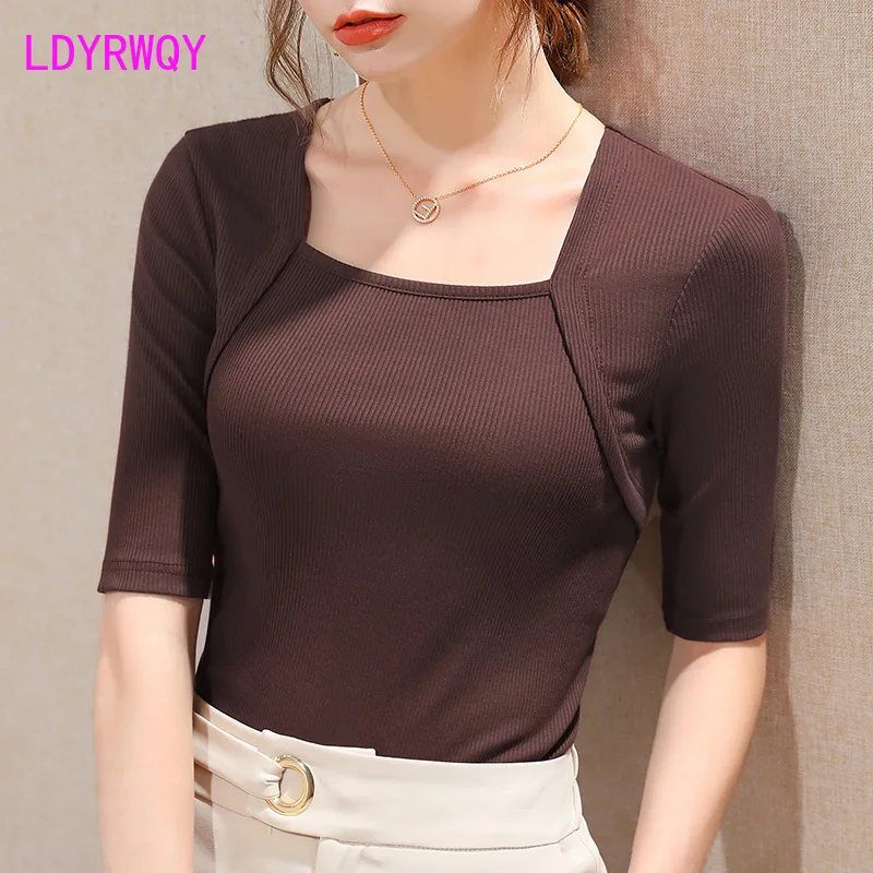 

Футболка LDYRWQY Женская Осенняя Женская одежда Новинка 2021 точечный ретро Топ с квадратным вырезом и рукавом в французском стиле