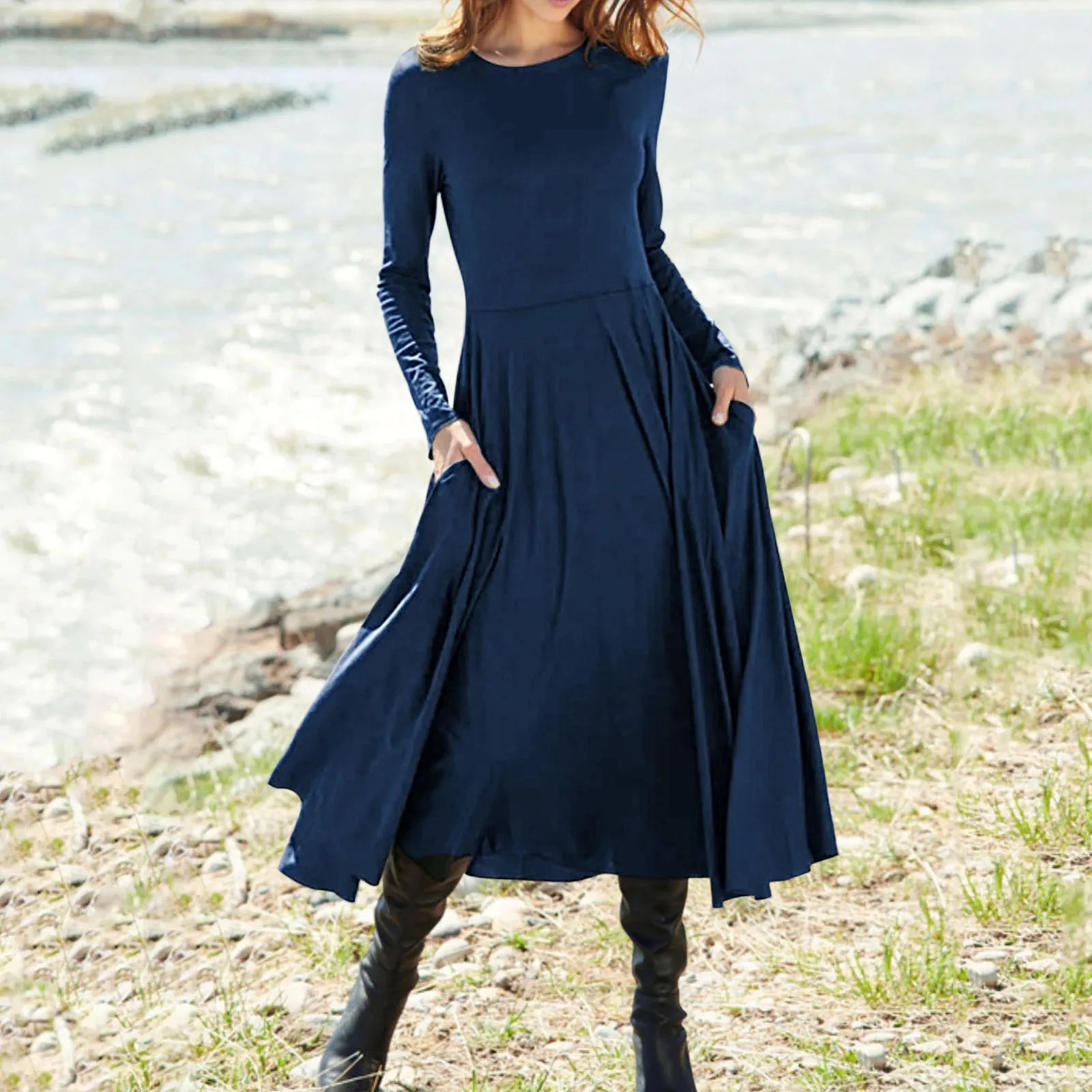 

Women's Dress Fashion Casual Dresses Vestidos Long Sleeve O-neck Print Ladies Elegant Dresses Loose Mid-long Dress With Pocket